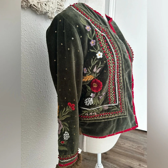 Indigo Moon Dark Green Velvet 3 Floral Embroidered Lined Jacket Small - Picture 4 of 9